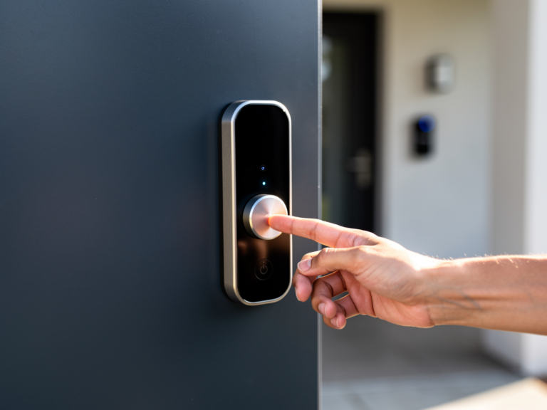 Hombli Smart Lock installiert an Haustür mit Smart-Home-Anbindung in modernem Zuhause