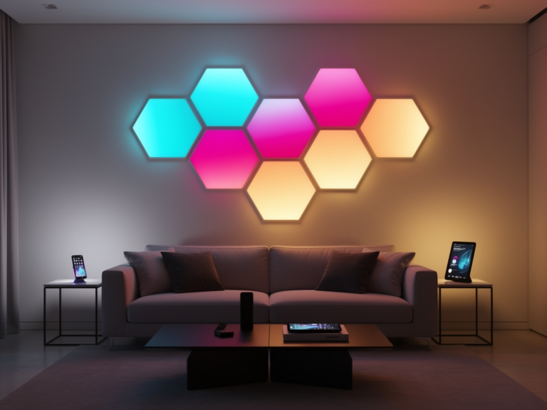 Nanoleaf Shapes Test zeigt wie Lichtkunst dein Smart Home verwandelt Nanoleaf Shapes Hexagons LED-Panels in modernem Smart Home Ambiente