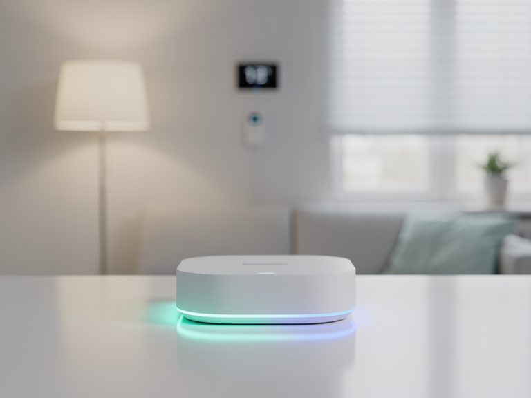 Smart Home Geräte übersichtlich installiert in moderner Mietwohnung ohne bauliche Eingriffe